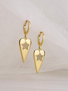 Cubic Zirconia Star Decor Heart Drop Earrings - Yellow Gold - View 1