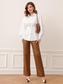 Modelyn Lantern Sleeve Buckle Belted Shirt - White - View 3