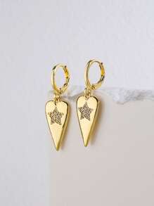 Cubic Zirconia Star Decor Heart Drop Earrings - Yellow Gold - View 2