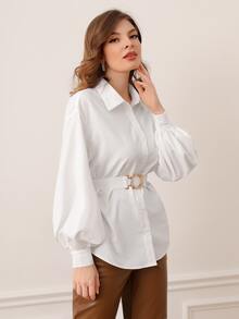 Modelyn Lantern Sleeve Buckle Belted Shirt - White - View 4