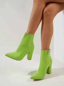 Botas clásicas verde neón con cremallera lateral de punta con tacón grueso - Verde - Ver 1