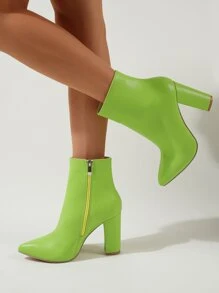 Botas clásicas verde neón con cremallera lateral de punta con tacón grueso - Verde - Ver 2