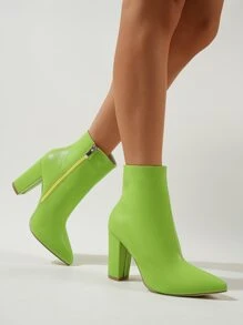 Botas clásicas verde neón con cremallera lateral de punta con tacón grueso - Verde - Ver 4