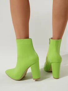 Botas clásicas verde neón con cremallera lateral de punta con tacón grueso - Verde - Ver 5