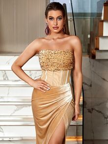 LOVE&LEMONADE Đầm ghép mộng kim sa Xù Dây kéo Trọn gói Tách cao màu trơn Buổi tiệc - Màu be - Xem 3