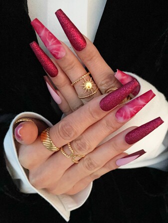 24 片长棺材红色哑光晕染闪光假指甲、1 片胶带和 1 个指甲锉，立即提升您的外观，按压式指甲，美甲用品，美甲