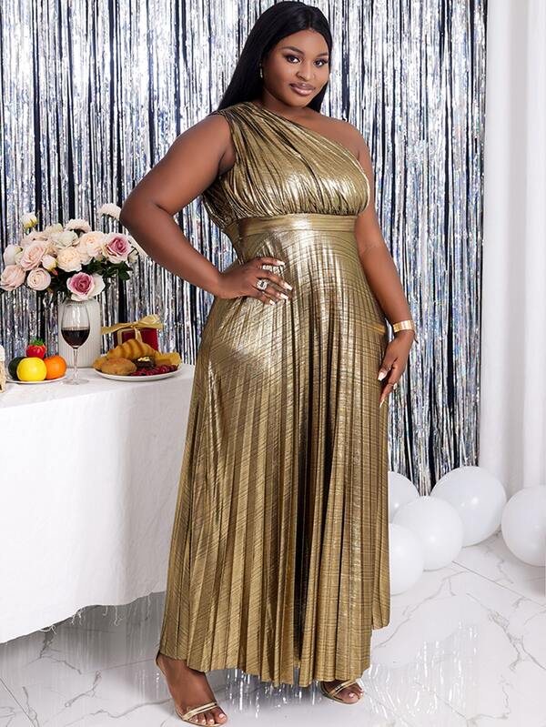 Plus One Shoulder Metallic Pleated Maxi Dress | SHEIN USA