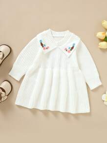 女嬰花卉刺繡毛衣洋裝 - 白色 - 查看 1