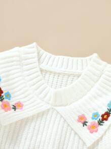 女嬰花卉刺繡毛衣洋裝 - 白色 - 查看 5