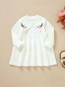 女嬰花卉刺繡毛衣洋裝 - 白色 - 查看 6