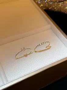 2pcs Rhinestone Decor Cuff Ring - Yellow Gold - View 2