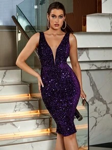 LOVE&LEMONADE Plunge Neck Sequin Bodycon Dress - Purple - View 5