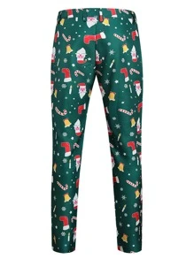 Men Random Christmas Print Suit Trousers - Green - View 2