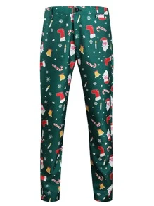 Men Random Christmas Print Suit Trousers - Green - View 3