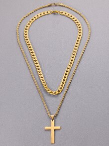 Fashionable and Popular 2pcs Men Cross Decor Necklace Stainless Steel for Jewelry Gift and for a Stylish Look - Yellow Gold - View 1