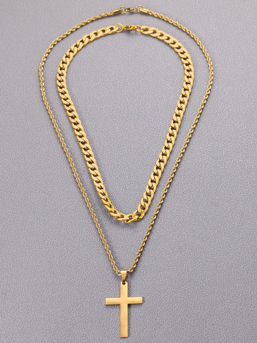 Fashionable and Popular 2pcs Men Cross Decor Necklace Stainless Steel for Jewelry Gift and for a Stylish Look - Yellow Gold - View 1