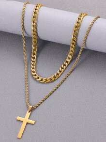 Fashionable and Popular 2pcs Men Cross Decor Necklace Stainless Steel for Jewelry Gift and for a Stylish Look - Yellow Gold - View 2