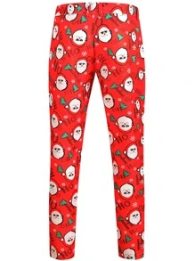Men Christmas Print Suit Trousers - Red - View 2