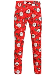 Men Christmas Print Suit Trousers - Red - View 3