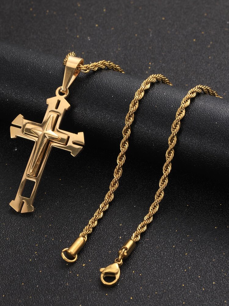 時尚流行男士十字吊飾項鍊不銹鋼珠寶禮物和時尚外觀 - 金黃色 - 查看 2