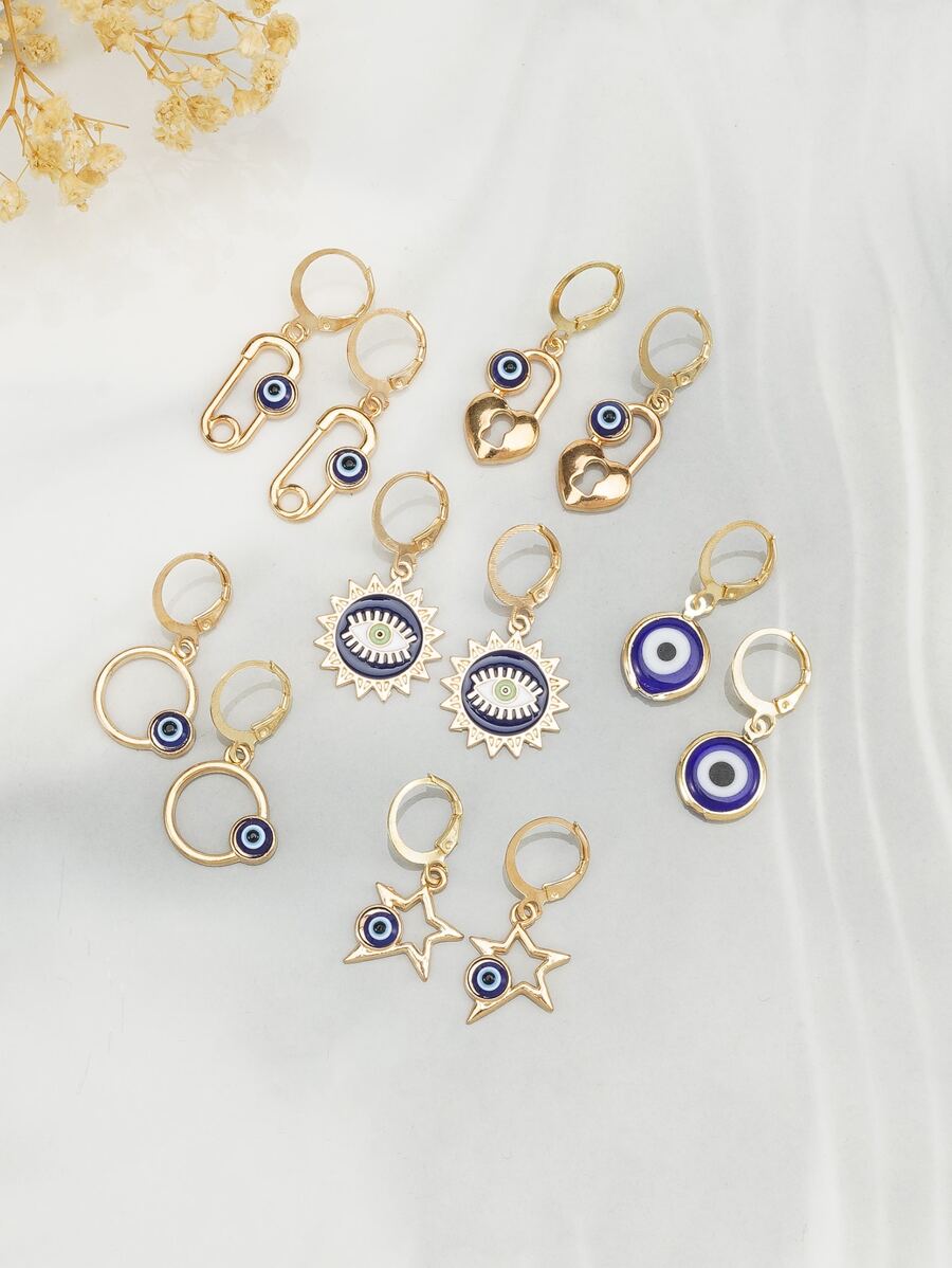 6pairs Evil Eye & Star Drop Earrings - Yellow Gold - View 1