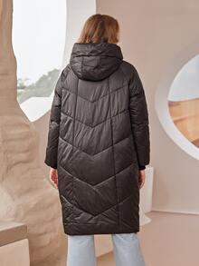 Plus Zip Up Drawstring Hooded Padded Coat - Black - View 2