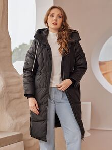 Plus Zip Up Drawstring Hooded Padded Coat - Black - View 6