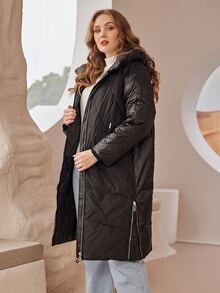 Plus Zip Up Drawstring Hooded Padded Coat - Black - View 7