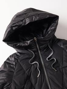 Plus Zip Up Drawstring Hooded Padded Coat - Black - View 3