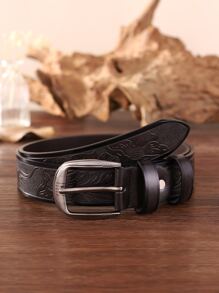 Men Embossed Detail Square Buckle Belt - Coffee Brown - View 1