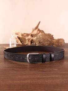 Men Embossed Detail Square Buckle Belt - Coffee Brown - View 3