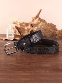 Men Embossed Detail Square Buckle Belt - Coffee Brown - View 2