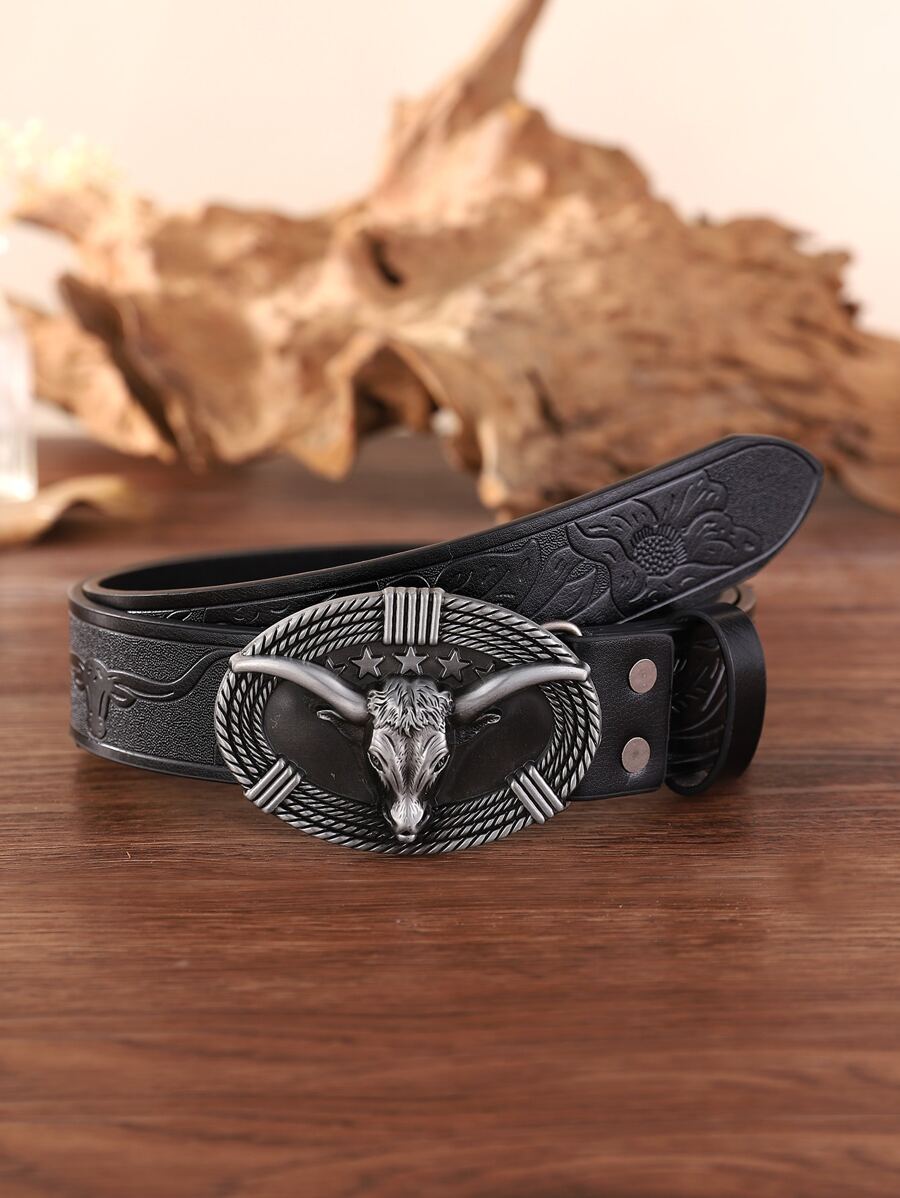 Đàn ông đầu gia súc trang trí thắt lưng khóa hình bầu dục - màu đen - Xem 1