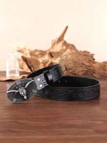 Đàn ông đầu gia súc trang trí thắt lưng khóa hình bầu dục - màu đen - Xem 2