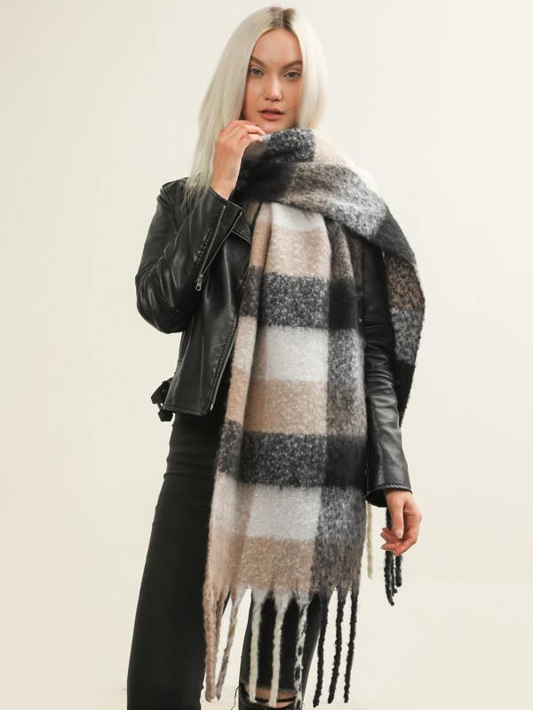 Elegant 1pc Women Best Plaid Pattern Fringe Trim Winter Scarf Accessories Women