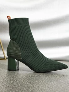 Minimalist Chunky Heeled Slip-On Sock Boots - Dark Green - View 4