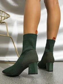 Minimalist Chunky Heeled Slip-On Sock Boots - Dark Green - View 5