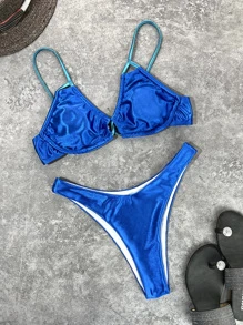 實心鋼圈夏日沙灘比基尼套裝 - 寶藍色 - 查看 4