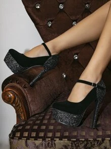 Glitter Platform Stiletto Heeled Ankle Strap Velvet Pumps