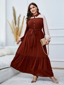 Mulvari 大碼雙色荷葉邊腰帶襯衫洋裝 - 棕色 - 查看 4