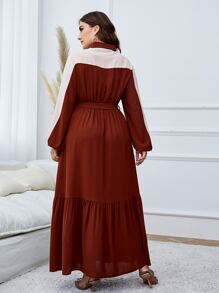 Mulvari 大碼雙色荷葉邊腰帶襯衫洋裝 - 棕色 - 查看 2