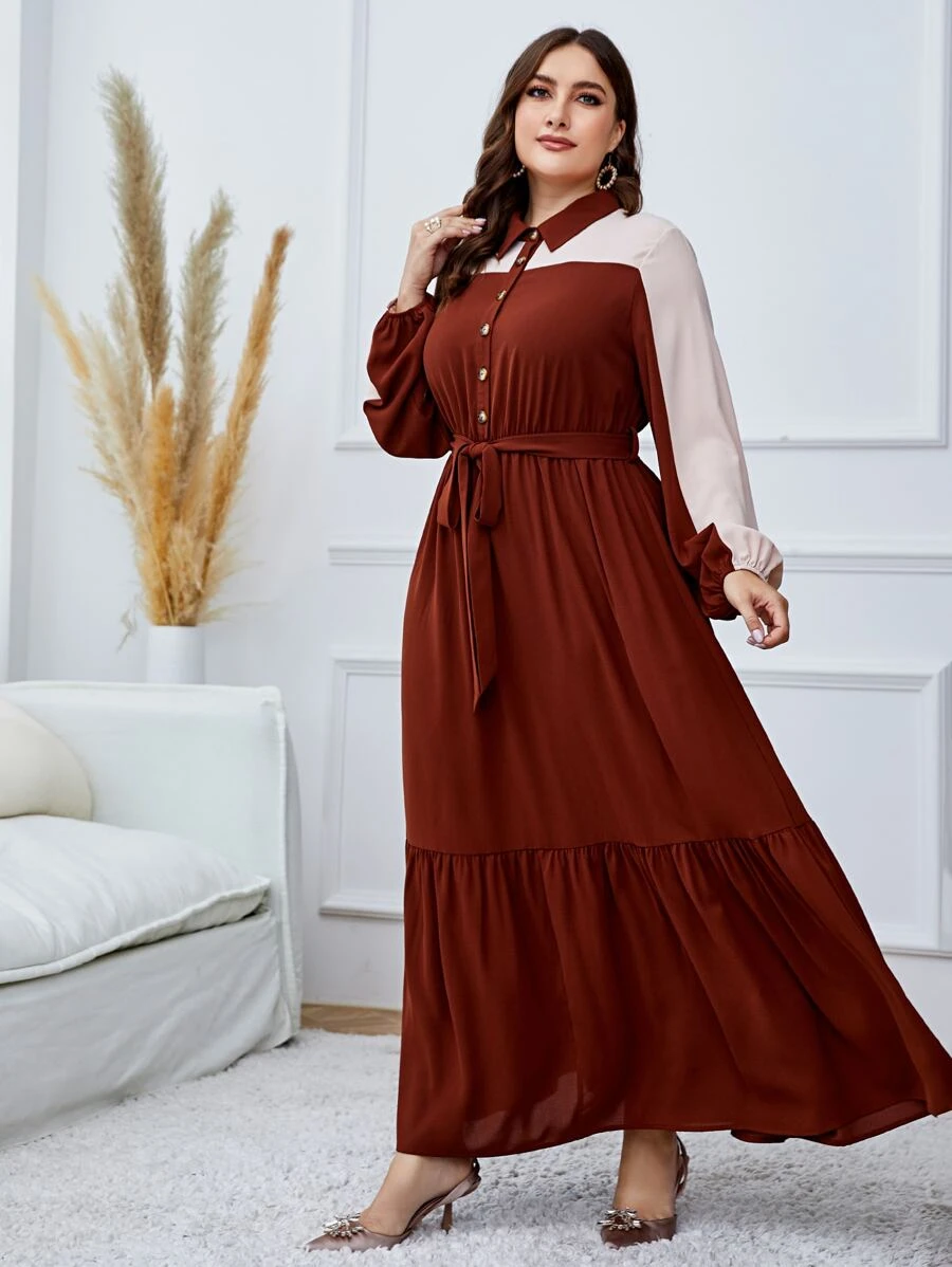 Mulvari 大碼雙色荷葉邊腰帶襯衫洋裝 - 棕色 - 查看 1