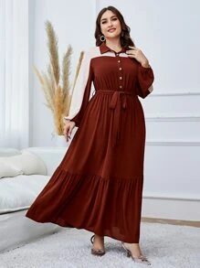 Mulvari 大碼雙色荷葉邊腰帶襯衫洋裝 - 棕色 - 查看 5