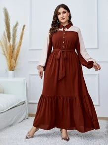 Mulvari 大碼雙色荷葉邊腰帶襯衫洋裝 - 棕色 - 查看 6