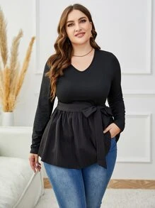 Mulvari Top tejido de canalé peplum con cinturón - Negro - Ver 1