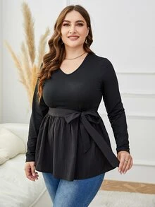 Mulvari Top tejido de canalé peplum con cinturón - Negro - Ver 3