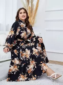 Modelyn Vestido largo de mujer estampado floral con volantes en el bajo y cinturón, vestido largo de noche - Negro - Ver 1