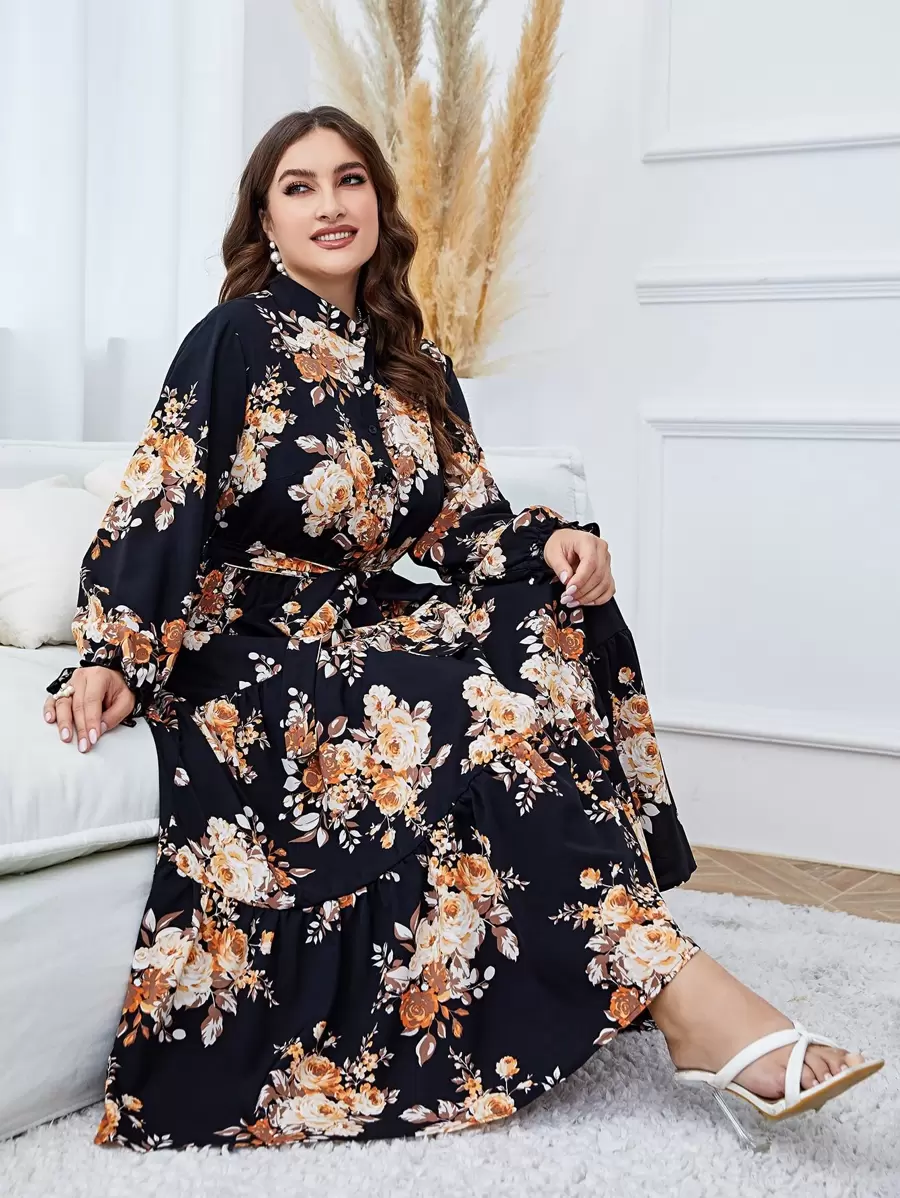 Modelyn Vestido largo de mujer estampado floral con volantes en el bajo y cinturón, vestido largo de noche - Negro - Ver 1