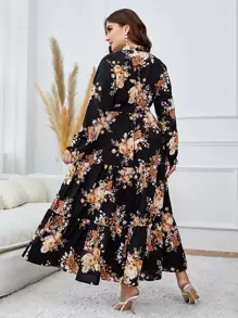 Modelyn Vestido largo de mujer estampado floral con volantes en el bajo y cinturón, vestido largo de noche - Negro - Ver 2