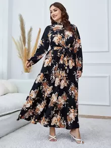 Modelyn Vestido largo de mujer estampado floral con volantes en el bajo y cinturón, vestido largo de noche - Negro - Ver 4